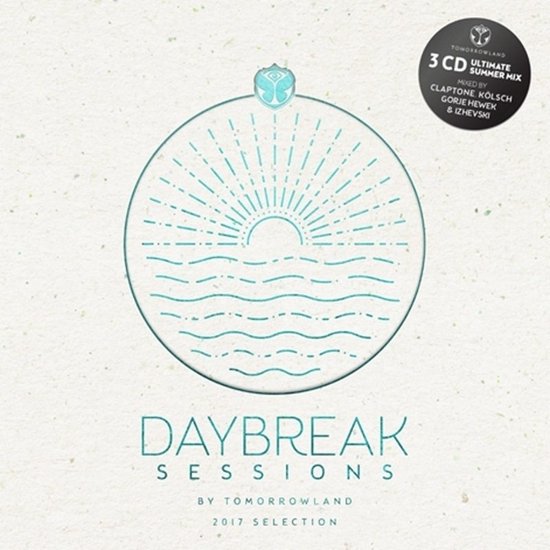 Cirkelvormig ontwerp met een opkomende zon boven golven en de tekst 'Daybreak Sessions' en 'Tomorrowland 2017 Selection'.