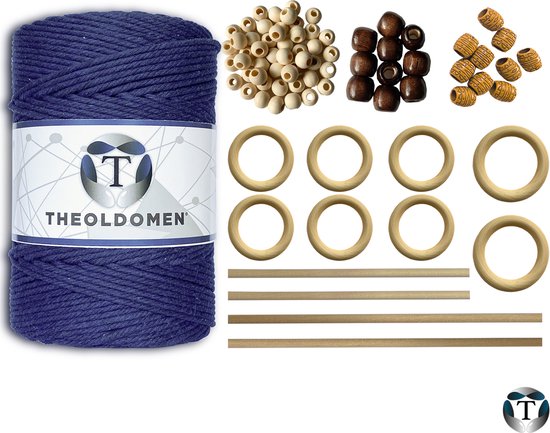 Macramé Pakket | 200 METER | Incl. Handleiding | Navy Blue | Starter Set | Ringen | Kralen |Stokken | Macramé Touw | 3mm | 100% Katoen | Macramé | Decoratie | DIY | Doe Het Zelf | Wandkleed | Dromenvanger | Plantenhanger | Tassen | TheOldOmen |