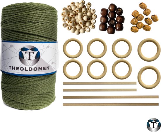 Macramé Pakket | 200 METER | Incl. Handleiding | Olijfgroen | Starter Set | Ringen | Kralen |Stokken | Macramé Touw | 3mm | 100% Katoen | Macramé | Decoratie | DIY | Doe Het Zelf | Wandkleed | Dromenvanger | Plantenhanger | Tassen | TheOldOmen |