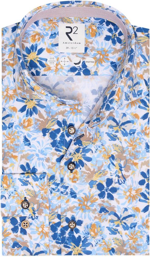 R2 Amsterdam - Overhemd Knitted Bloemenprint Blauw Extra Long Sleeves - Heren - Maat 42 - Modern-fit