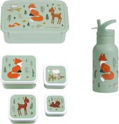 A Little Lovely Company Back to school set - Drinkfles / 4 Snackdozen / Bento box - Bosvriendjes - Saliegroen