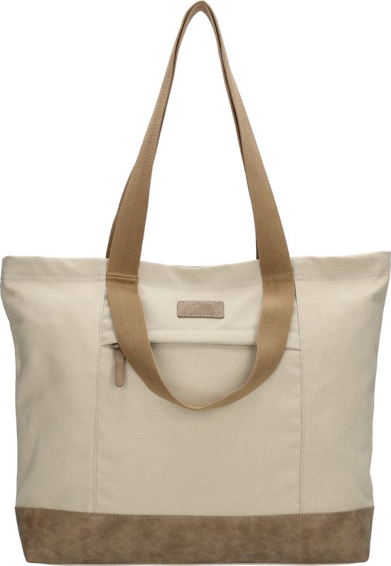Lichtbruine canvas shopper tas met bruin suède bodem. Bruine hengsels en een voorvak met rits.