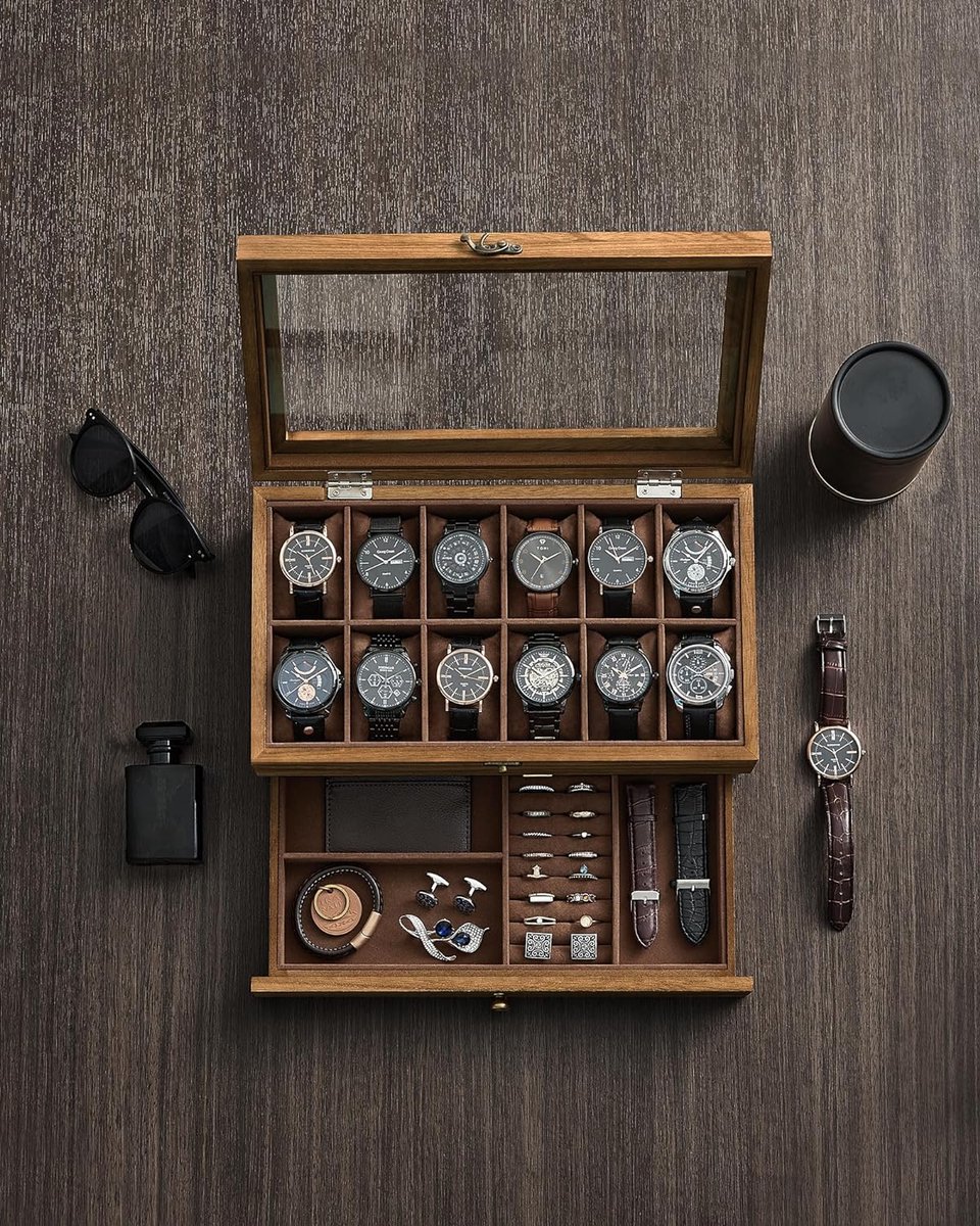 12 Compartments Watch Box Solid Wood Watch Box with Glass Lid Watch Cushion Jewelry Storage Gift for Your Loved Ones Walnut