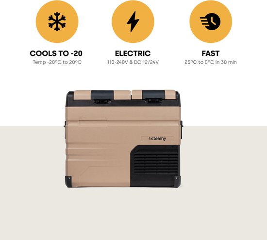 Steamy-E Dual Zone Elektrische Compressor Koelbox - Dual Zone - 45 liter - 12V en 230V - voor auto en camping - Sandstone van Steamy — afbeelding 2