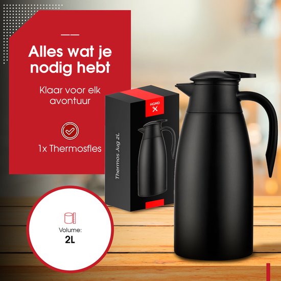 HGMD Bouteille isotherme - 2 Litres - Verseuse isotherme - Zwart - Café - Thee - Pour boissons chaudes et froides