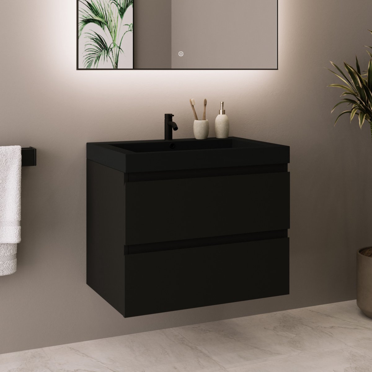 LOMAZOO Badkamermeubel Mat Zwart 60 cm - Wastafel Zwart - Wastafelmeubel - Wastafelkast Zwevend [MONACO]