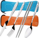 Senhai 8 stuks besteksets messen, vork, lepel, staafjes, 2 stuks roestvrij stalen servies met draagtas voor reizen, camping, picknick, werk, wandelen (oranje, lichtblauw)