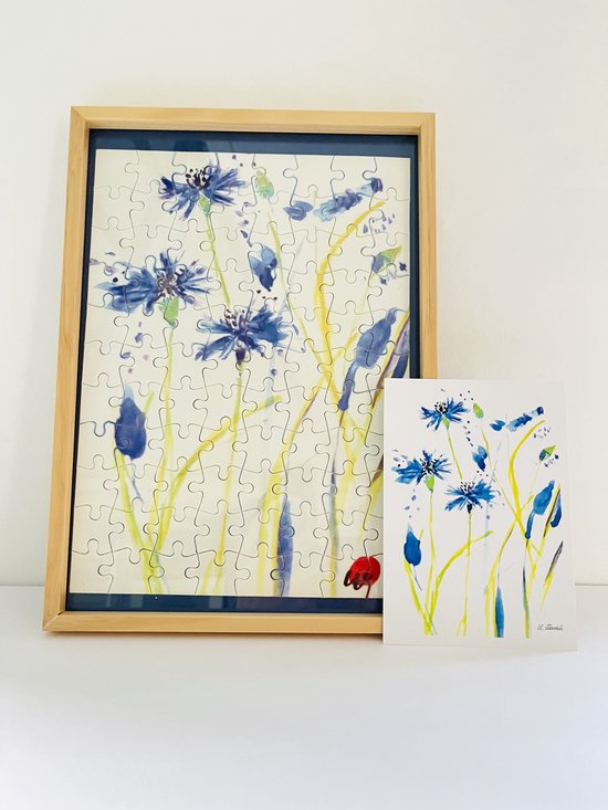 Cadeau handcrafted puzzel (88 stuks)- kornbloemen- handmade - bloemen -wand decor A4- excl. Lijst