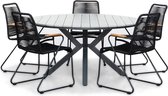 LUX outdoor living Cervo Grey/Gladys zwart dining tuinset 6-delig | polywood + touw | 144cm rond | 5 personen