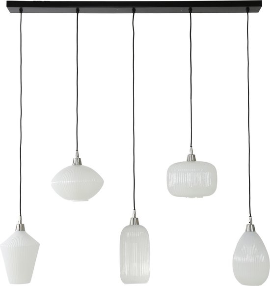 Hanglamp Stripe white glass mix | 125x26x150 cm | 5 lichts | wit | modern / design | eetkamer / woonkamer | glas / metaal | verstelbaar