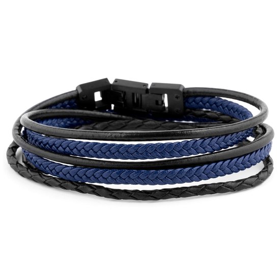 Lucleon - Roy - Armband voor heren van zwart en blauw leer en zwart roestvrij staal