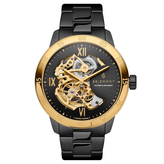 Seizmont Dante II zwart en goudkleurig skelethorloge met goudkleurig uurwerk voor heren