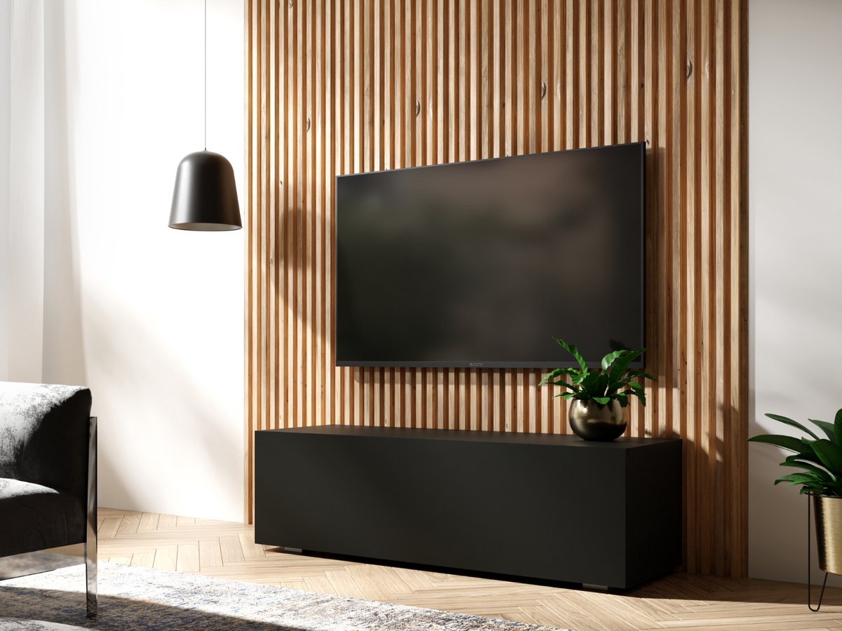 Mobistoxx Tv Meubel - Tv Kast - Mat Zwart - Zwart Tv Meubel - 105 cm - Klapdeur met 2 Vakken - Met Poten, Gasveren en Kabeldoorgangen - Tv Kast Hout - Televisiemeubel Kingston