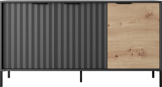 Ladekast 153 RAVE 3D - Drie deuren - Zachtsluitend - Ladekast met planken - Zwart + Artisan Oak - 153 cm