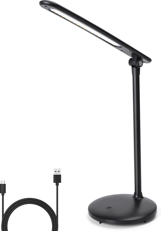 Aigostar 10O8X - Bureaulamp LED - Verstelbaar - Dimbaar - 3 kleuren - USB Opladen - Wit en warm Licht - Tafellamp - 4W- Zwart