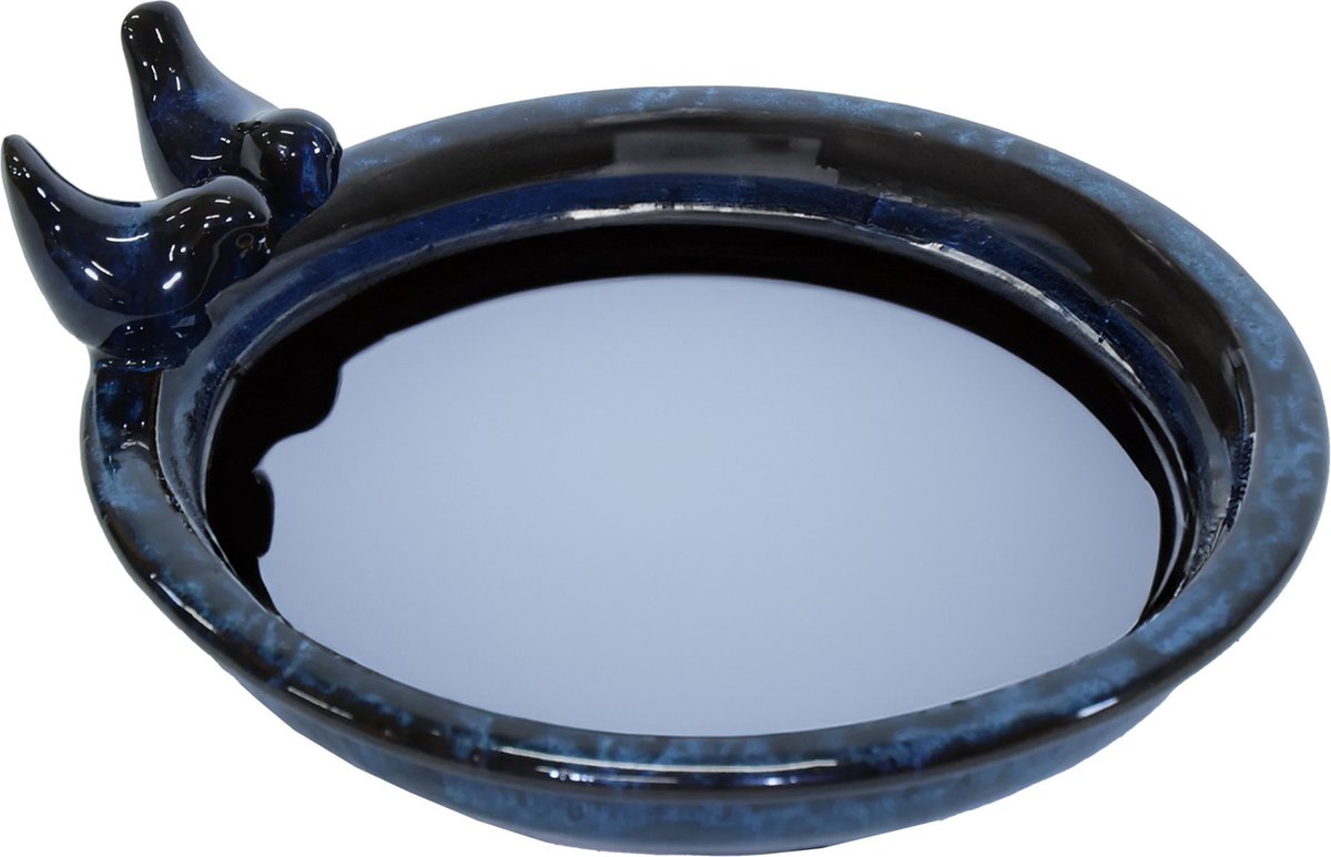 Mega Collections Vogelbad/voederschaal - donkerblauw - keramiek - D30 x H11 cm - drinkschaal voor tuinvogels - rond