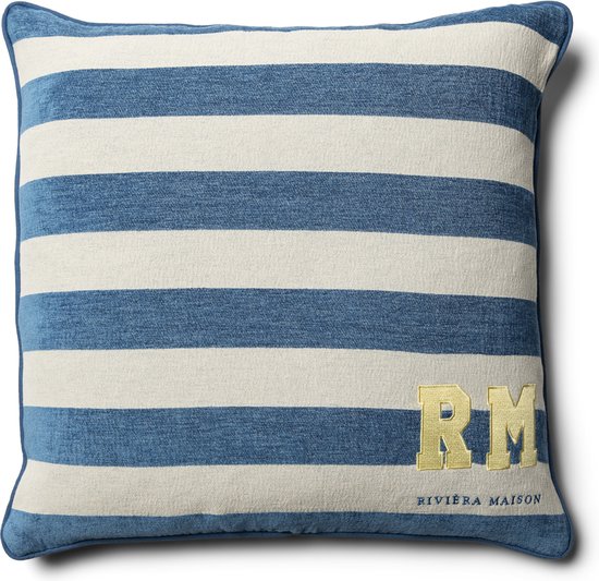 Riviera Maison Housse de coussin 60x60 bleu à rayures horizontales blanches - Coussin décoratif Loving Stripes carré