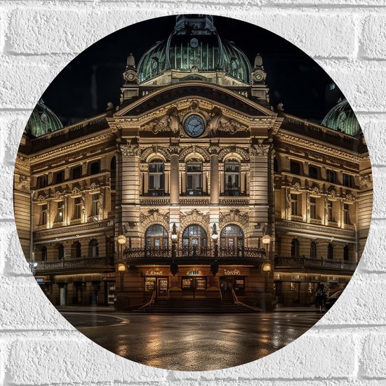 Muursticker Cirkel - Gebouw - Stad - Groot - Verlicht - 50x50 cm Foto op Muursticker