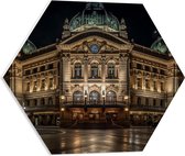 PVC Schuimplaat Hexagon - Gebouw - Stad - Groot - Verlicht - 50x43.5 cm Foto op Hexagon (Met Ophangsysteem)