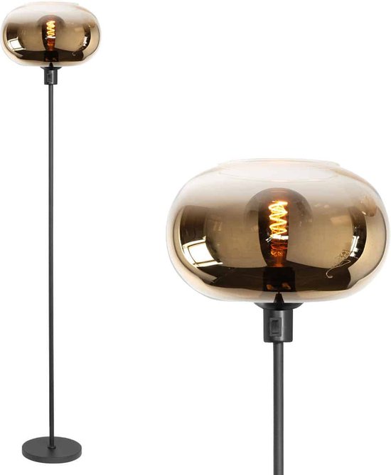 Moderne vloerlamp Bellini | 1 lichts | amber / goud / zwart | glas / metaal | 148 cm hoog | Ø 20 cm voet | staande lamp / vloerlamp | modern / sfeervol design