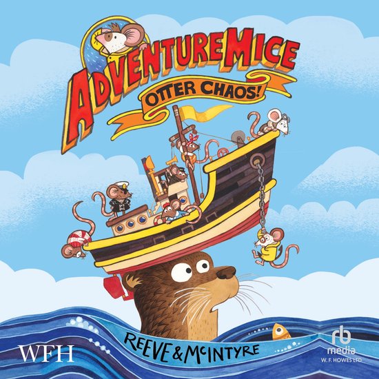 Boekillustratie van de AdventureMice serie, met muizen op een boot bovenop een otter in de zee. Tekst: AdventureMice Otter Chaos!