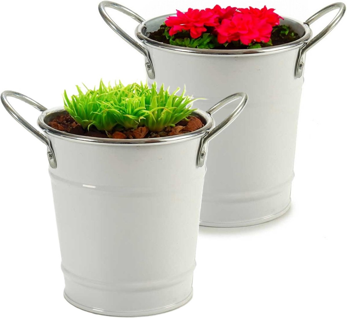 Arte r Plantenpot/bloempot emmer- 2x - zink - wit - D12 x H16 cm