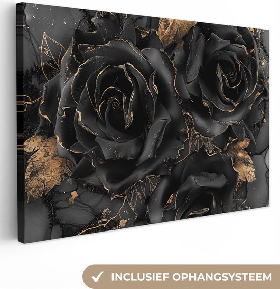 Canvas schilderij 120x80 cm - Wanddecoratie Rozen - Zwart - Bloemen - Goud - Muurdecoratie woonkamer - Kamer decoratie modern - Abstracte schilderijen
