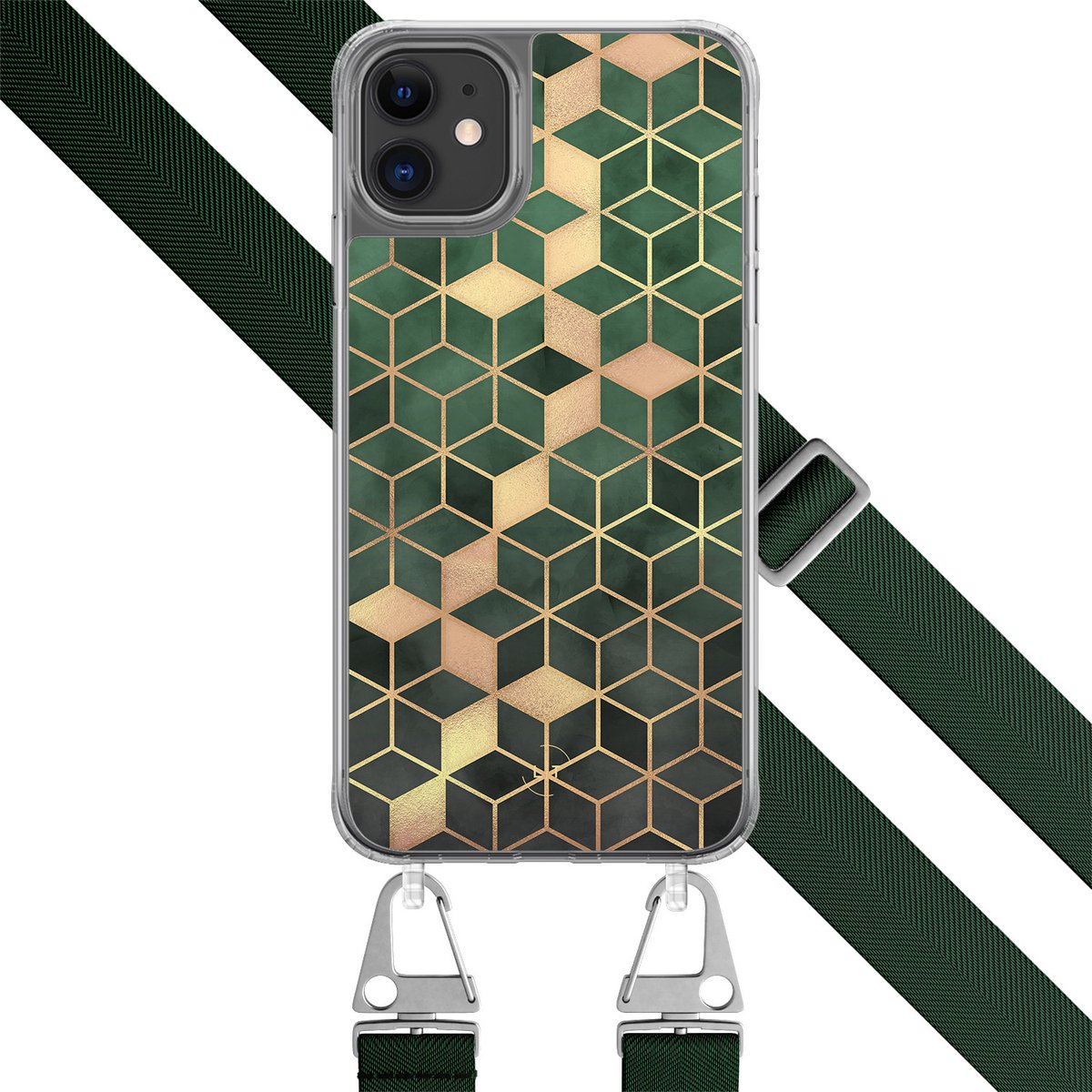 Hoesje met groen koord - Geschikt voor iPhone 11 - Kubus groen - Verstelbaar & verwisselbaar koord - TPU backcover - Groen - Leuke Telefoonhoesjes