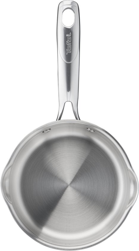 Bovenkant van een roestvrijstalen steelpan met geborsteld effect.