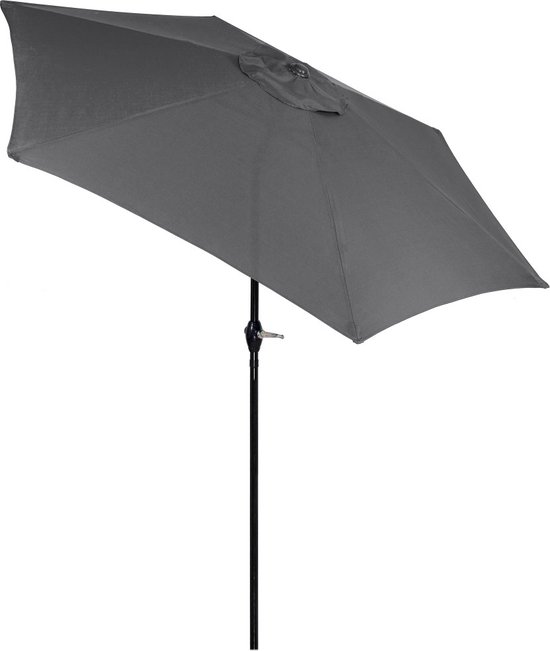 Antracietkleurige parasol, deels geopend, met een zwarte paal.