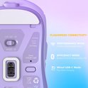 Onderkant van een lichtpaarse gamingmuis met instellingen voor 2.4G/BT/OFF, en informatie over de modi.