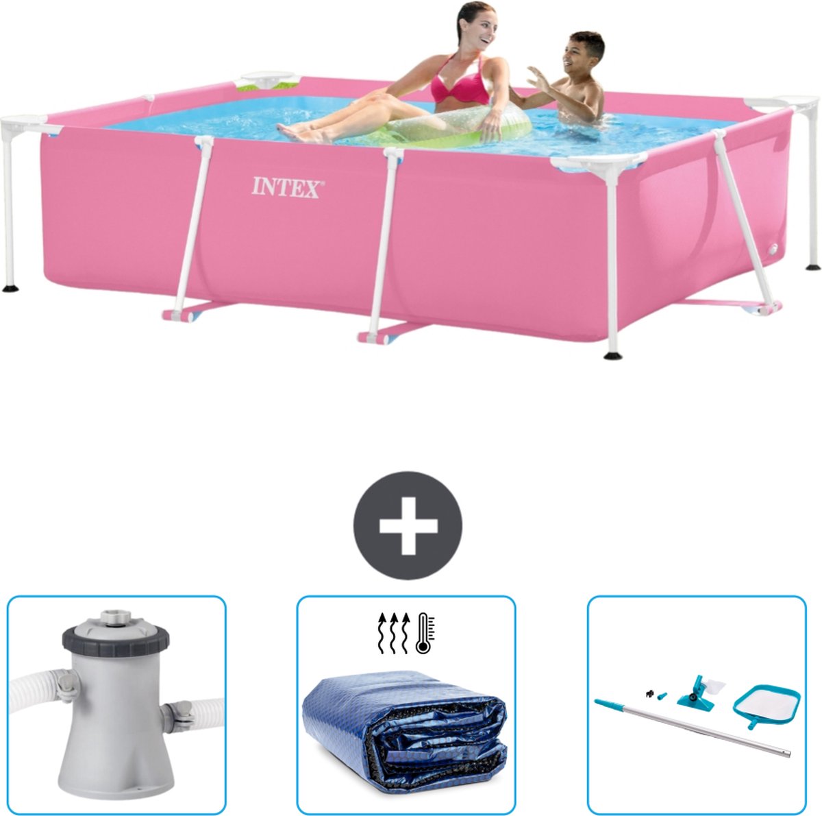 Intex Rechthoekig Frame Zwembad - 220 x 150 x 60 cm - Roze - Inclusief Zwembadfilterpomp - Solarzeil - Schoonmaakset