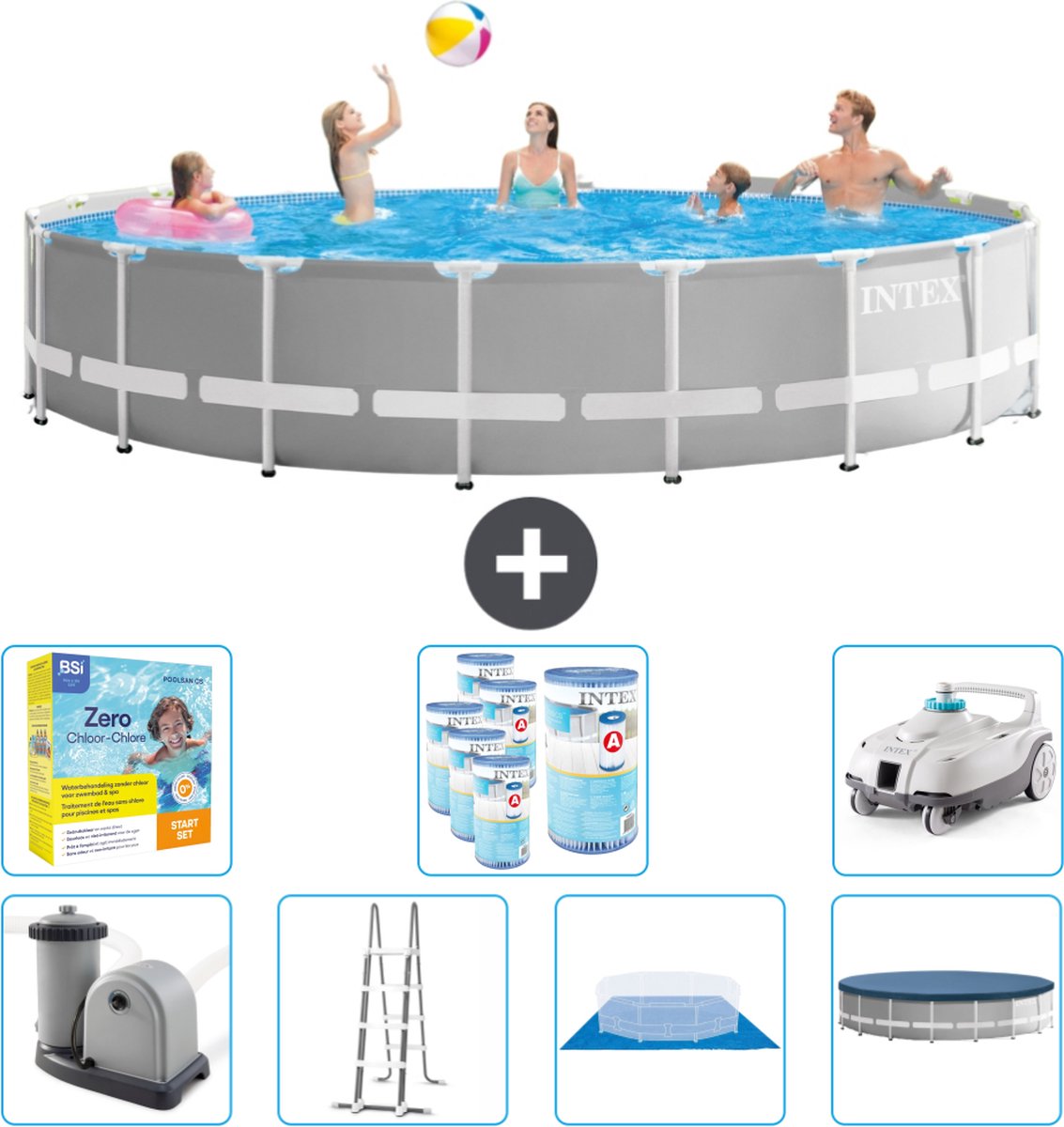 Intex Rond Prism Frame Zwembad - 548 x 122 cm - Grijs - Inclusief Pomp - Ladder - Grondzeil - Afdekzeil Onderhoudspakket - Filters - Stofzuiger