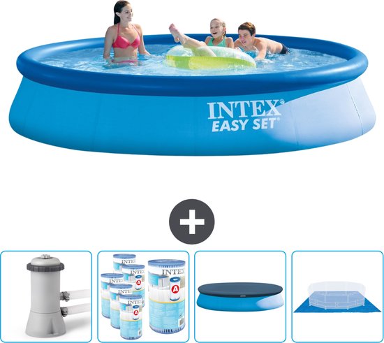 Intex Rond Opblaasbaar Easy Set Zwembad - 396 x 84 cm - Blauw - Inclusief Pomp Filters - Afdekzeil - Grondzeil