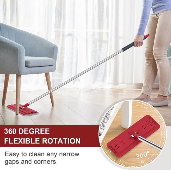 BOSHENG Mop and Bucket with Wringer Set, Hands Free Flat Mop and Bucket, Includes 3 Washable Microfiber Pads, Wet and Dry Use, Home Floor Cleaning System, Black and Red