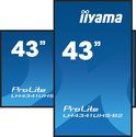 Twee Iiyama ProLite LH4341UHS-B2 monitors. Eén horizontaal, één verticaal. Beide met "43"" erop.