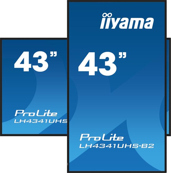 Twee Iiyama ProLite LH4341UHS-B2 monitors. Eén horizontaal, één verticaal. Beide met "43"" erop.