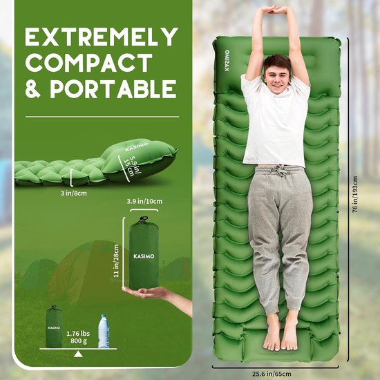 Seatwith Zelfopblazende campingmatras, 200 x 70 cm, met geïntegreerd hoofdkussen, opblaasbare slaapmat, zelfopblazend, luchtmatras, outdoor, met voetpomp, ultralicht, opblaasbaar