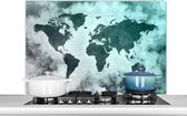 Spatscherm keuken 100x65 cm - Kookplaat achterwand Wereldkaart - Grijs - Blauw - Muurbeschermer - Spatwand fornuis - Hoogwaardig aluminium