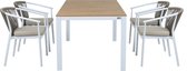 AXI Suvi Salon de jardin avec 4 chaises Polywood Wit aspect teck - Structure en aluminium thermolaqué - Chaise avec kussen kaki et dossier en cordes oléfines - Plateau de table en polywood