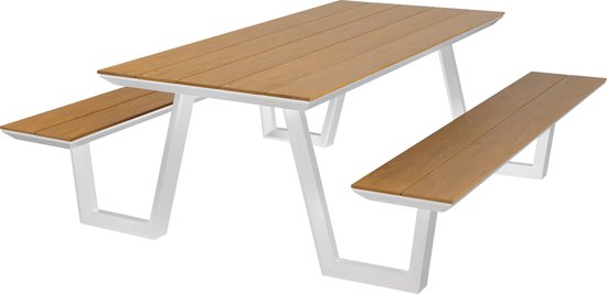 Foto: Axi nori picknicktafel met 2 banken wit met teak look polywood gepoedercoat aluminium frame tafel en banken met polywood tafelblad en zitvlak 200x190cm