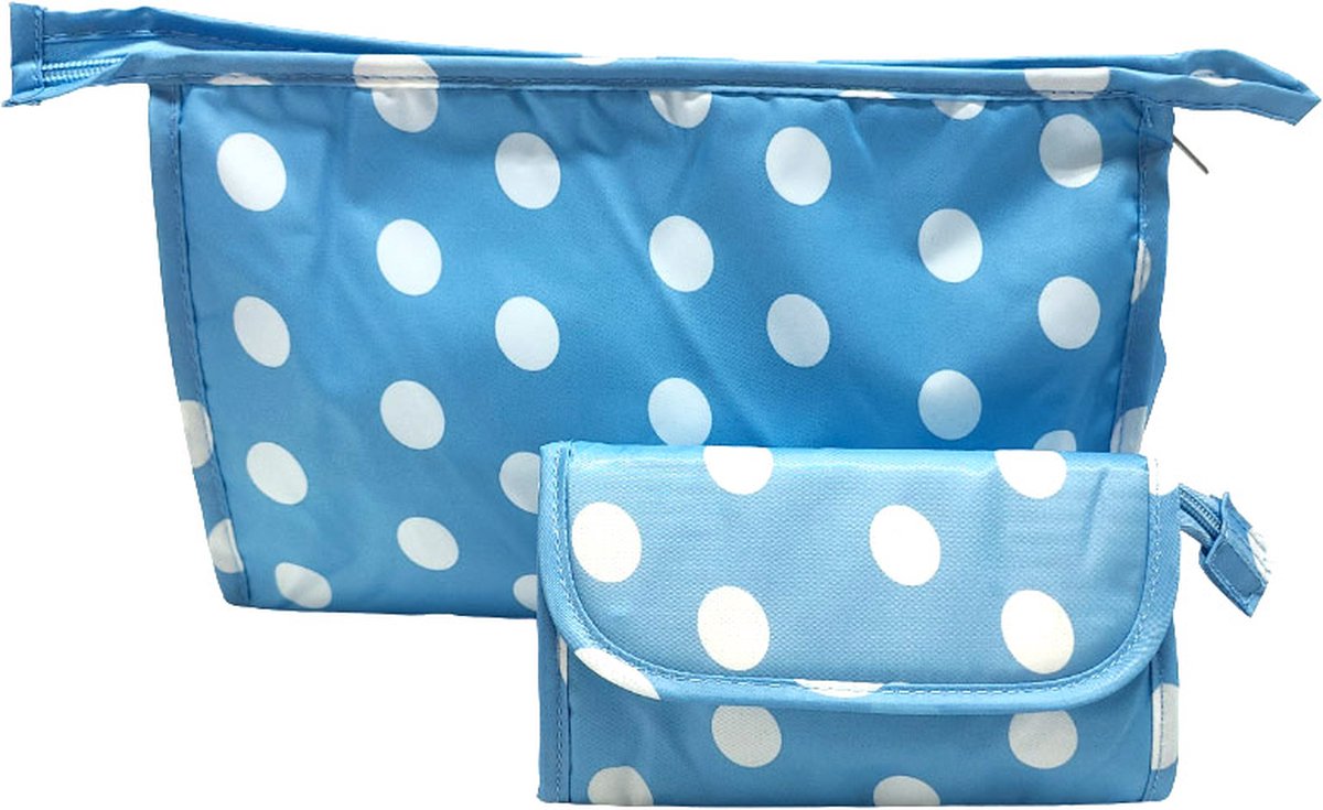 Rojafit Toilettasset - Toilettas + Make-up tasje met Spiegel - Blue Dots