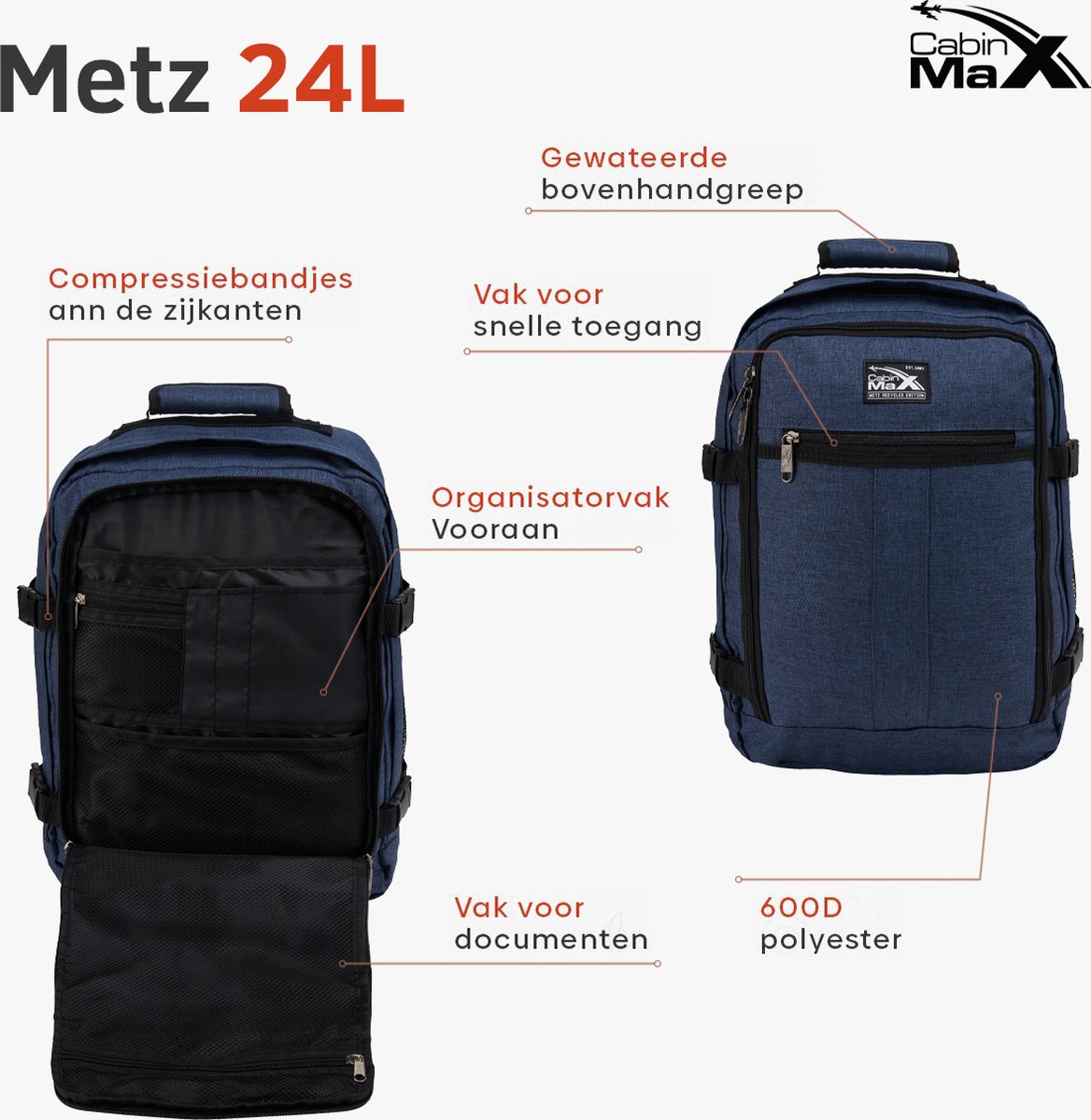 CabinMax Metz Reistas – Handbagage 24L Wizz Air – Rugzak Transavia – Schooltas - 40x30x20 cm – Compact Backpack – Lichtgewicht – Atlantic Bauw – foto 2