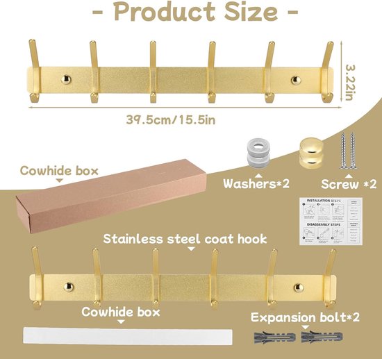 Zwart metalen kapstok wandmontage lang, 3-8 haken om op te hangen