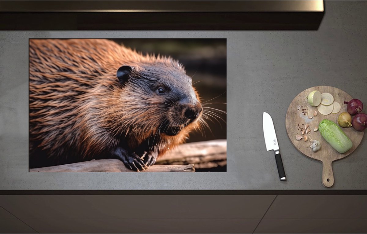 Inductieplaat Beschermer - Bever hangt met poten over stuk hout heen - 80x55 cm - 2 mm Dik - Inductie Beschermer - Bescherming Inductiekookplaat - Kookplaat Beschermer van Zwart Vinyl