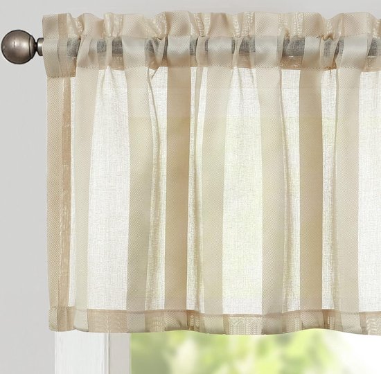 Vitrage met trekkoord, transparant, bistrogadine, landhuisstijl, strepen, voile, keukengordijn, gestreept, keukengordijnen voor keuken, badkamer, klein raam, 130 x 35 cm, beige, 1 stuk