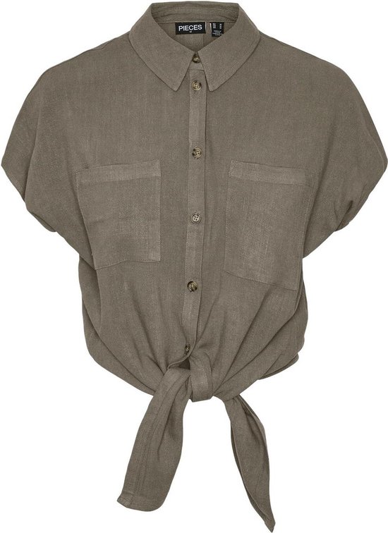 Pieces Blouse Pcvinsty Ss Linen Tie Shirt Noos 17124357 Fossil Dames Maat - XS