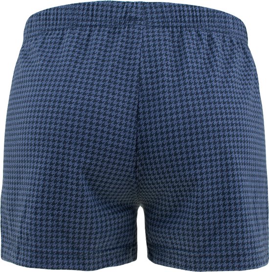 Donkerblauwe boxershorts met kleine pied-de-poule patroon en elastische tailleband.