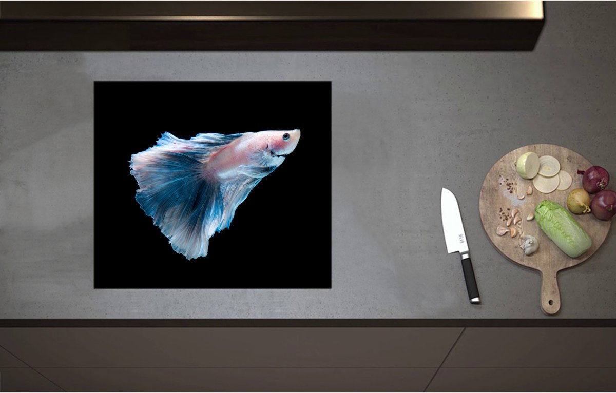 Inductieplaat Beschermer - Blauw met Roze Siamese Kempvis tegen Zwarte Achtergrond - 58x51 cm - 2 mm Dik - Inductie Beschermer - Bescherming Inductiekookplaat - Kookplaat Beschermer van Wit Vinyl
