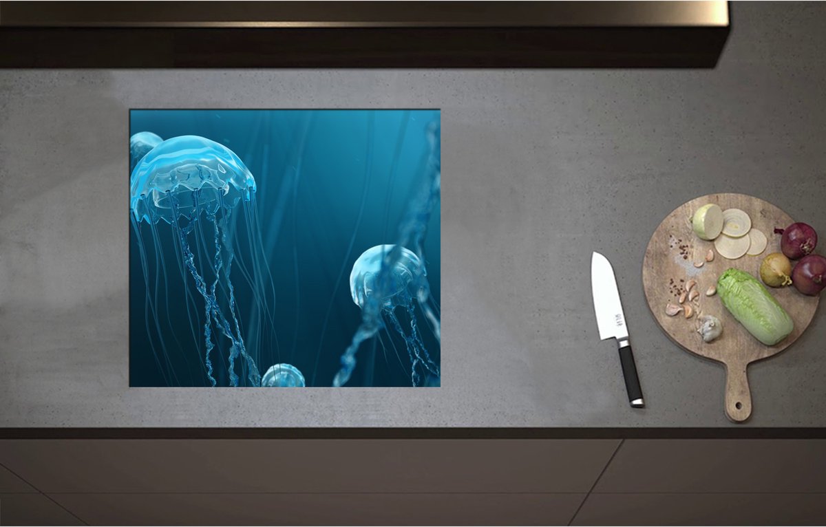 Inductieplaat Beschermer - Blauwe kwallen zwemmen door de zee heen - 57x51 cm - 2 mm Dik - Inductie Beschermer - Bescherming Inductiekookplaat - Kookplaat Beschermer van Wit Vinyl